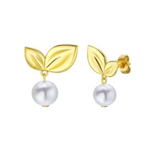 Pearl Drop Earrings with Cherry Leaf in 14K Yellow Gold